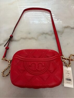 Tory Burch Red Quilted Logo Crossbody with Gold Chain